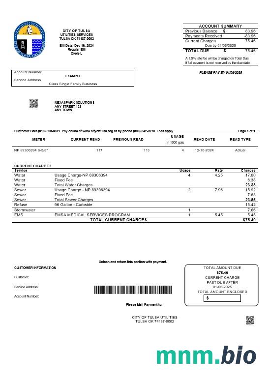 USA Oklahoma City of Tulsa rachunek za usługi komunalne szablon w formacie Word i PDF
